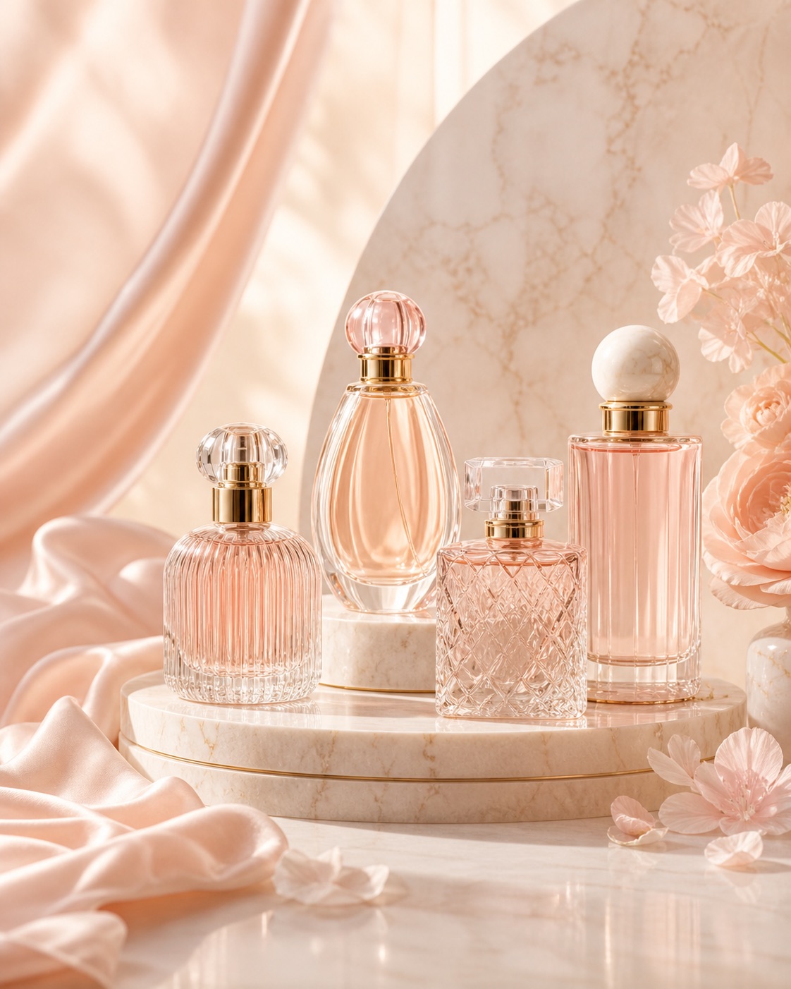 Flacons de parfums féminins sur décor rose poudré
