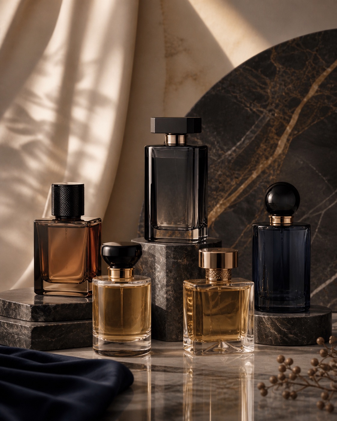 Flacons de parfums masculins dans une ambiance noire et dorée