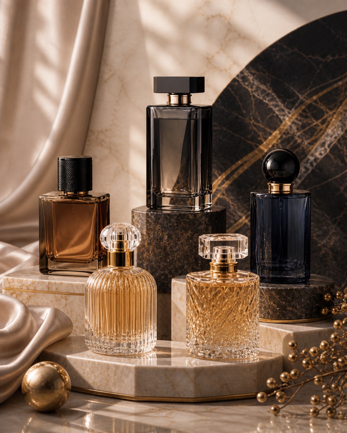 Flacons de parfums premium sur marbre et détails dorés
